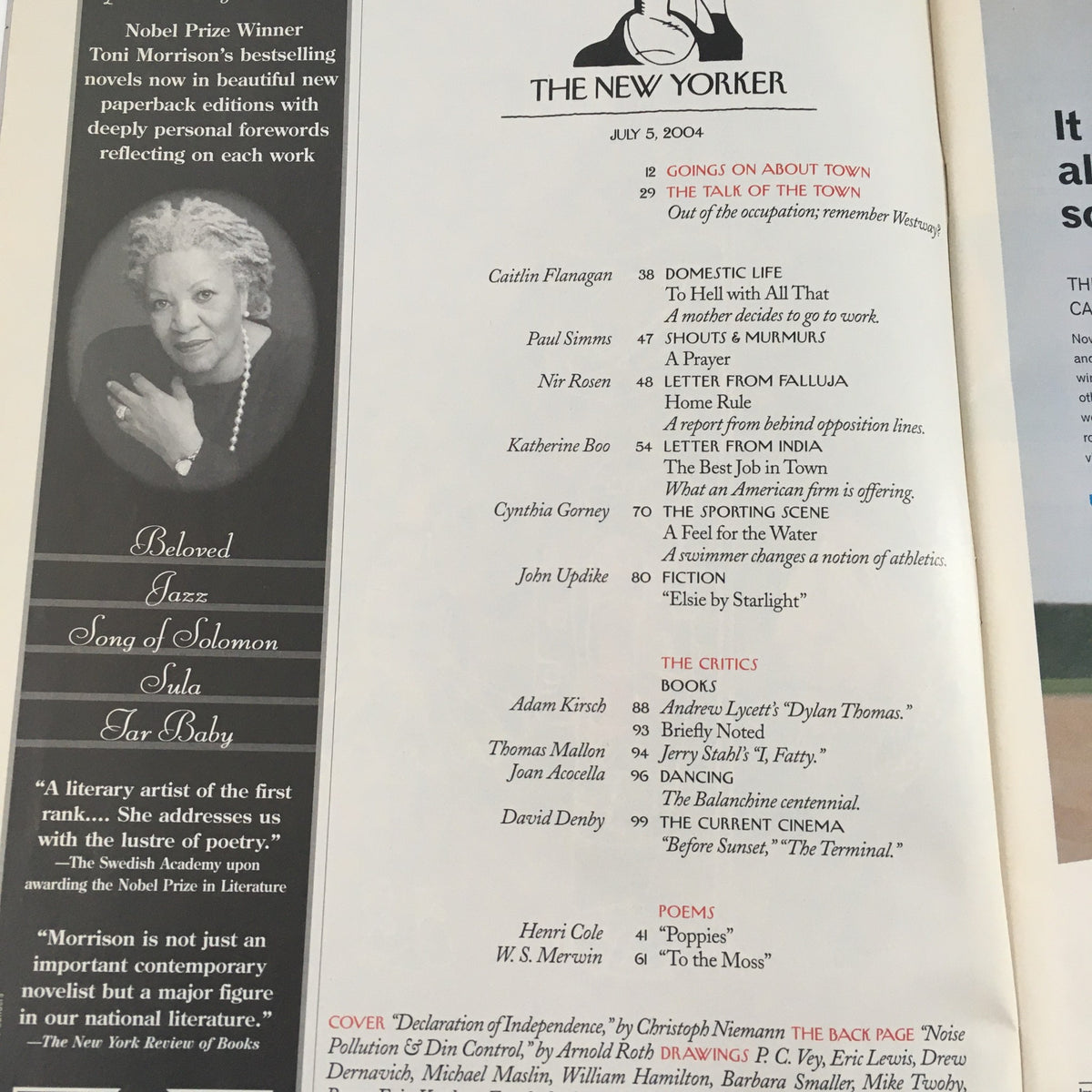 The New Yorker Full Magazine July 5 2004 featuring articles and essays including 'Going On About Town' and 'Domestic Life', with a cover illustration of the Declaration of Independence by C. Niemann.
