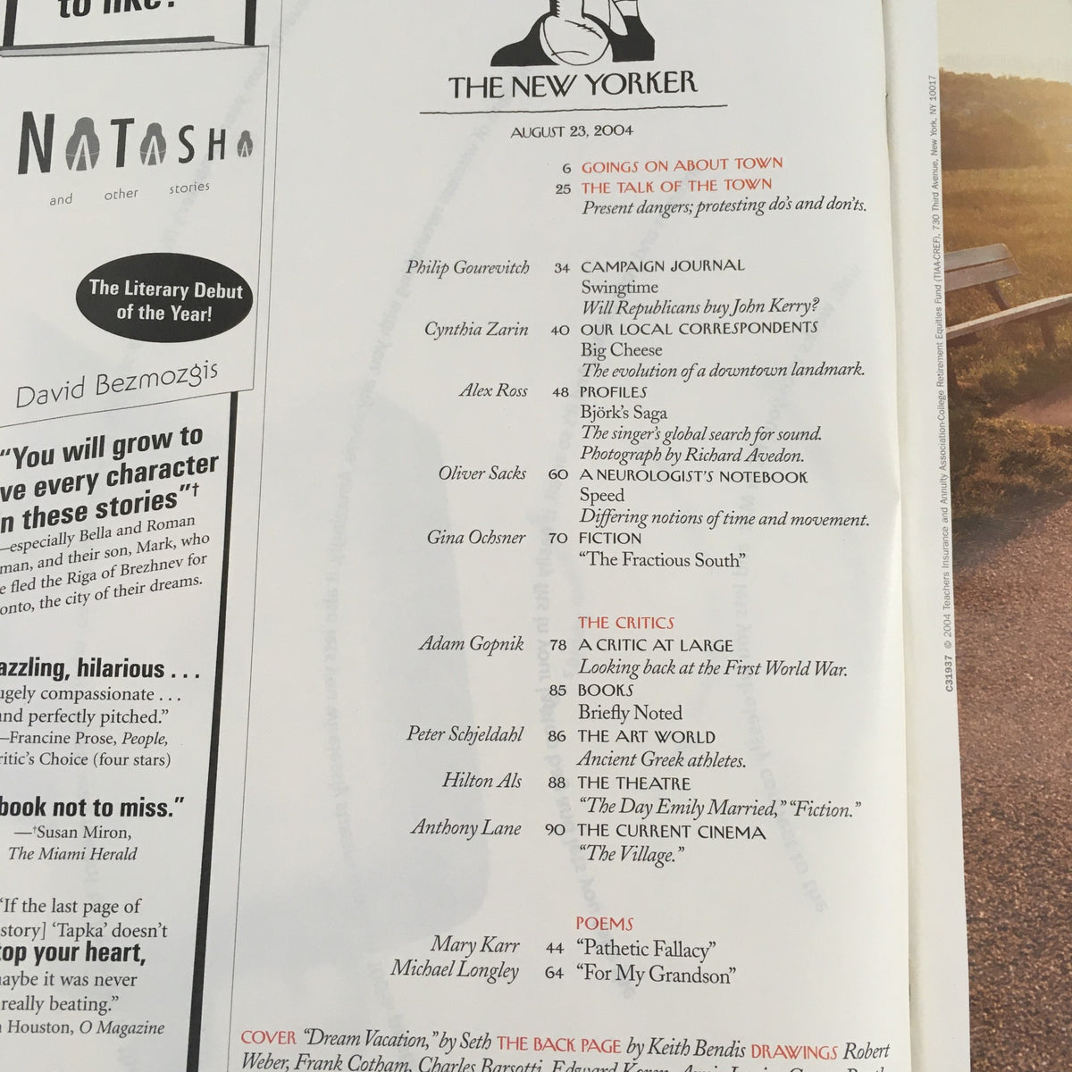 Table of contents page from The New Yorker Full Magazine August 23, 2004, listing articles including 'Going on About Town', 'Campaign Journal', and 'The Critics'.