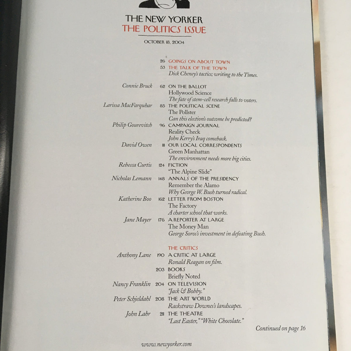 The New Yorker Magazine October 18 2004 contents page, outlining featured articles including 'Going on About Town' and 'The Politics Issue'.