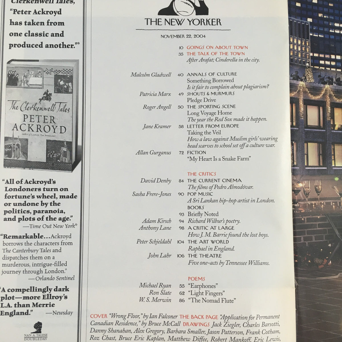 Table of contents from The New Yorker magazine, November 22, 2004, showcasing various articles and features included in the issue.