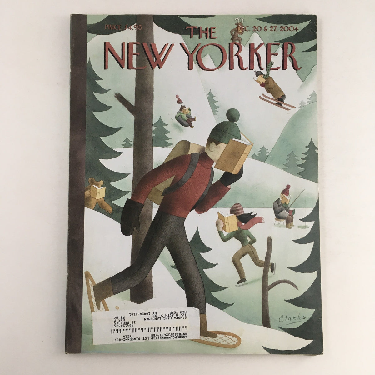 The New Yorker Full Magazine December 20 2004 cover illustration featuring whimsical characters skiing and carrying packages, designed by Greg Clarke, capturing the essence of winter festivities.