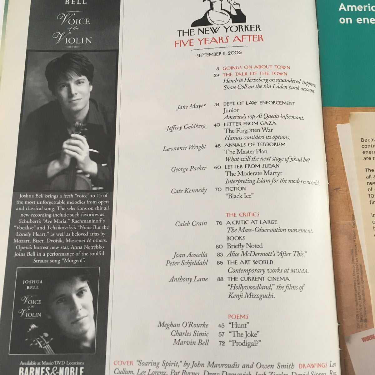 Interior page of The New Yorker Full Magazine September 11, 2006, showcasing the contents for the edition titled 'Five Years After' highlighting various articles and contributors.