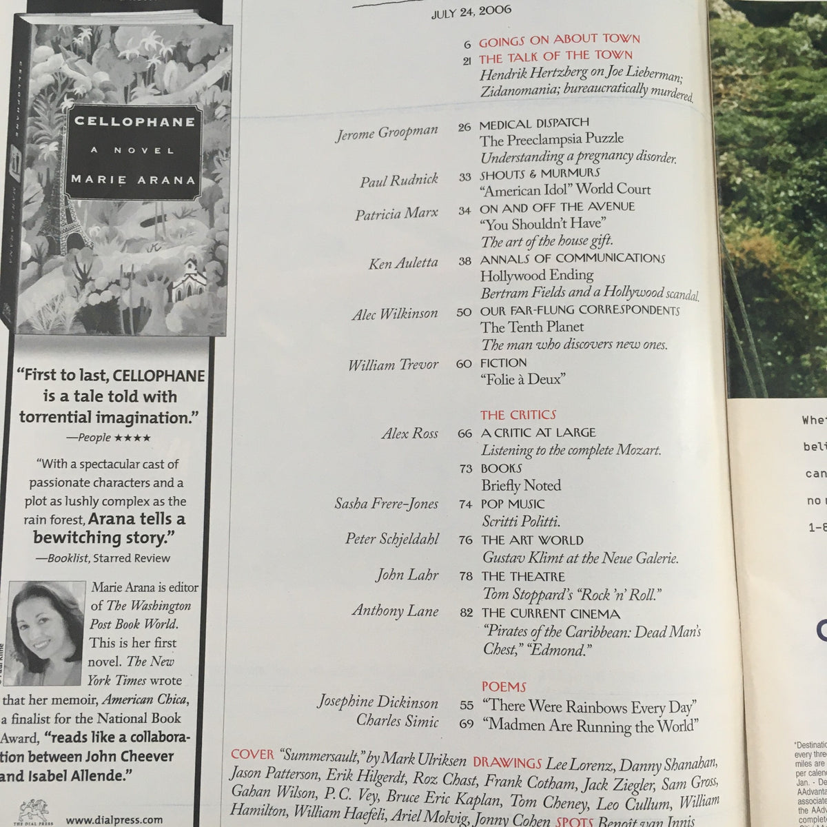 Inside page of The New Yorker July 24 2006 showcasing the Table of Contents, detailing articles and features, capturing the magazine's rich storytelling and cultural insights.