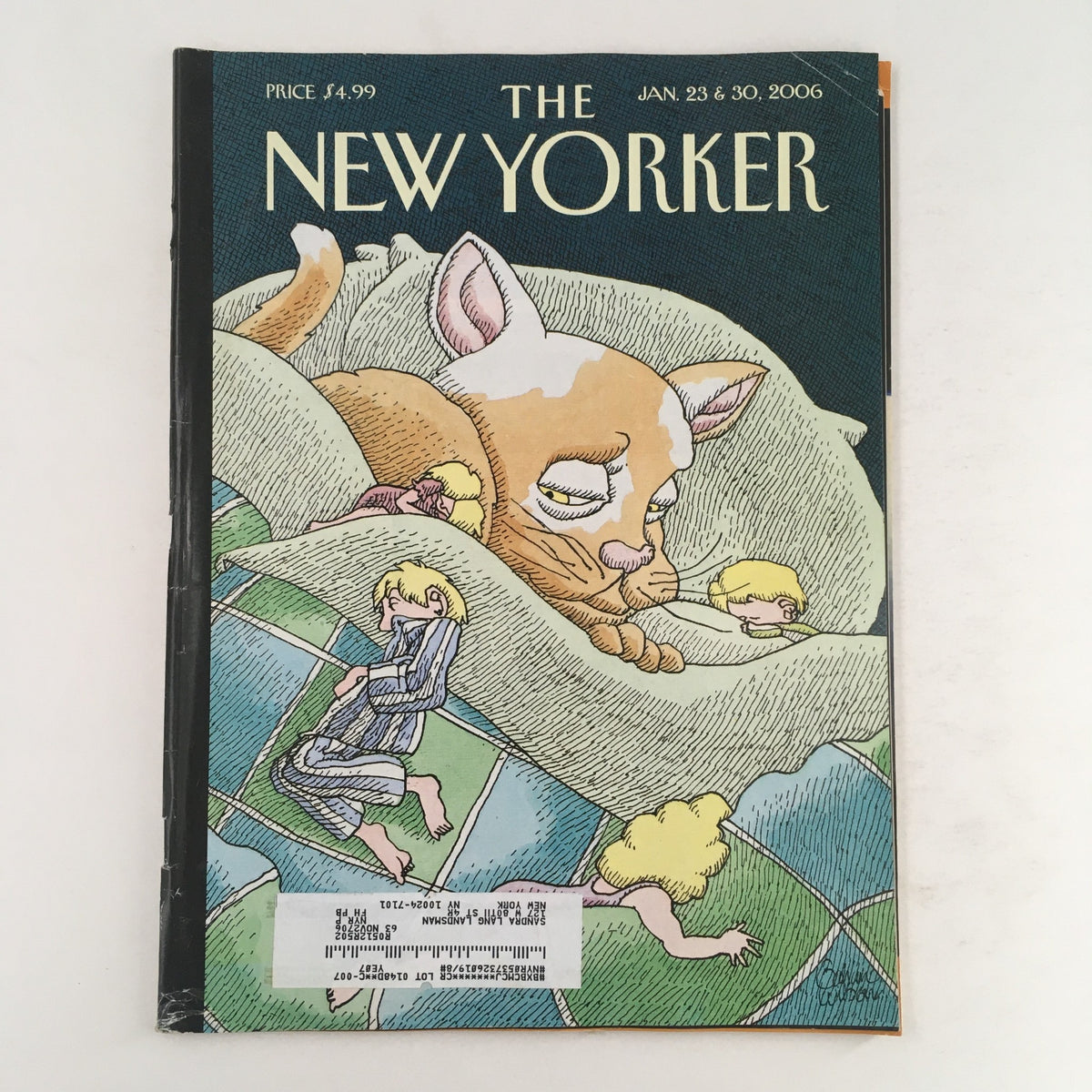 Cover of The New Yorker magazine, January 23, 2006, featuring the whimsical illustration 'Sleeping with Your Cat' by Gahan Wilson, presenting a sleeping cat with children in a cozy setting.