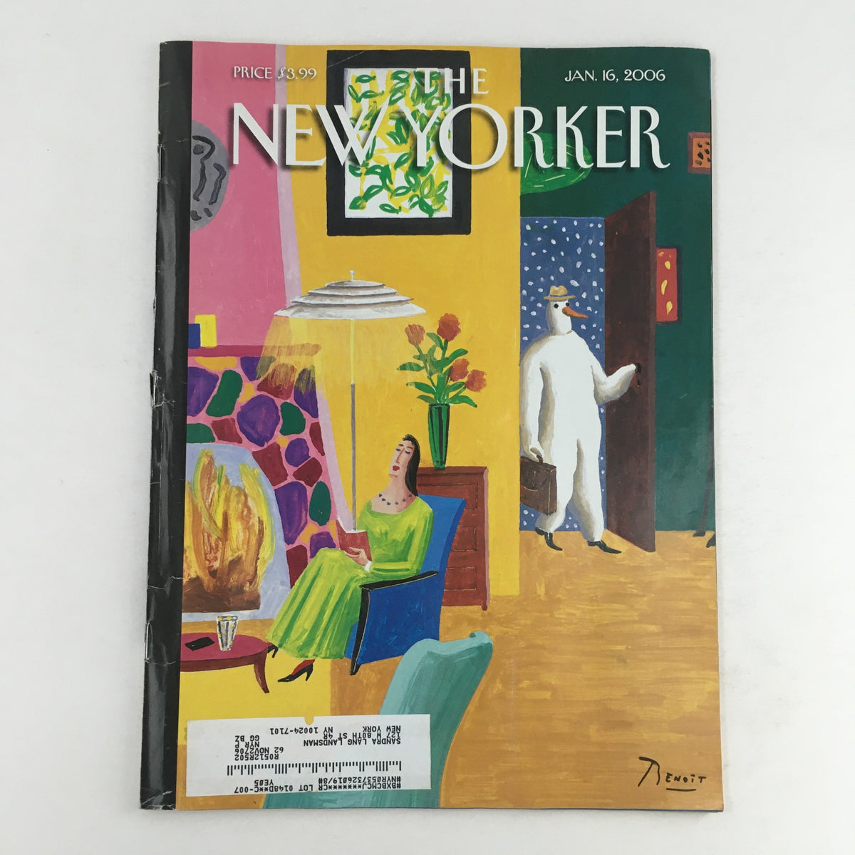 Cover of The New Yorker magazine from January 16, 2006, featuring vibrant artwork that reflects the 'Joys of Winter' by Benoit van Innis. The illustration showcases a cozy indoor setting with a man in a white coat, highlighting the magazine's theme of winter warmth and nostalgia.