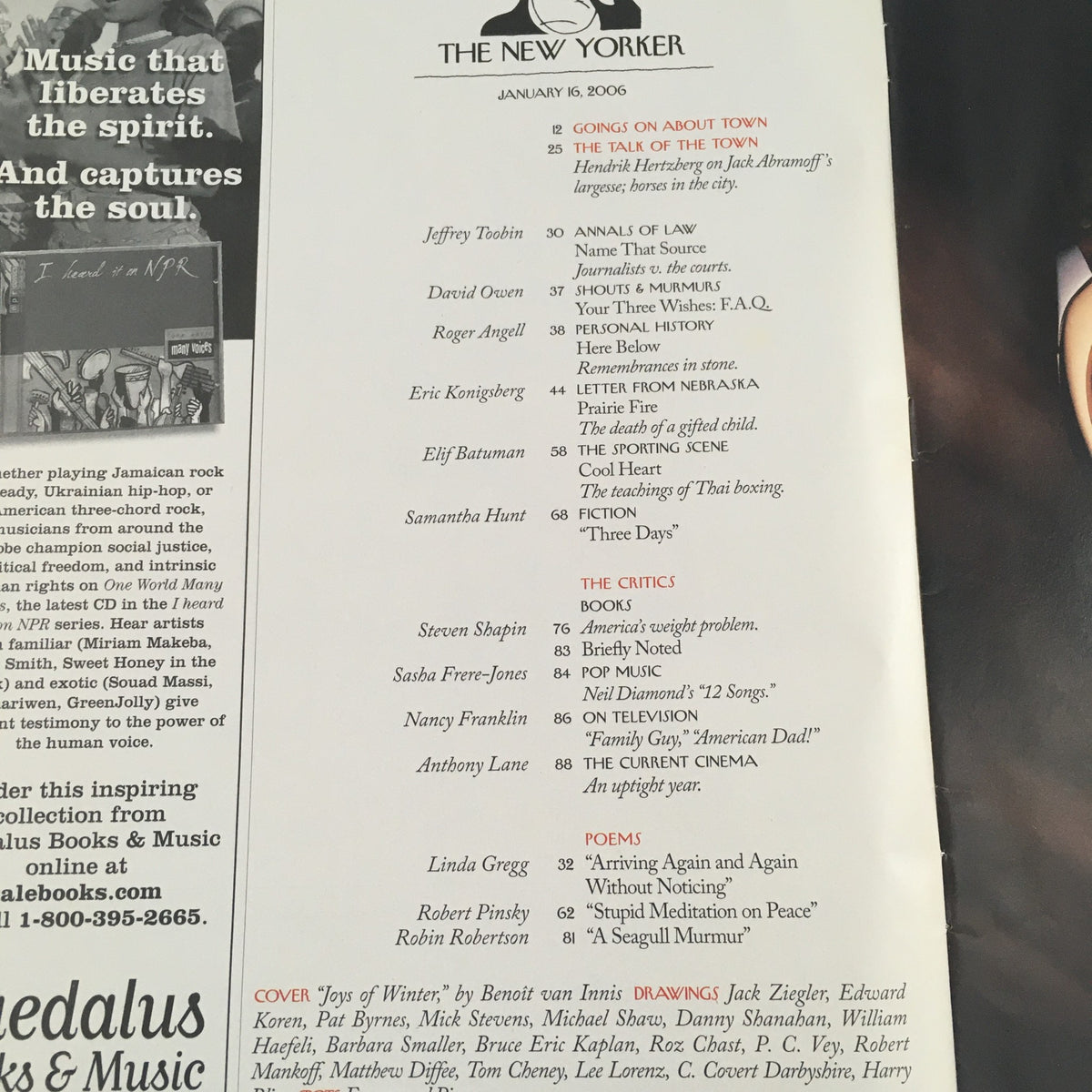 Inside page of The New Yorker magazine issue from January 16, 2006 featuring the article 'Joys of Winter' by Benoit van Innis along with a list of contributors and sections highlighted.