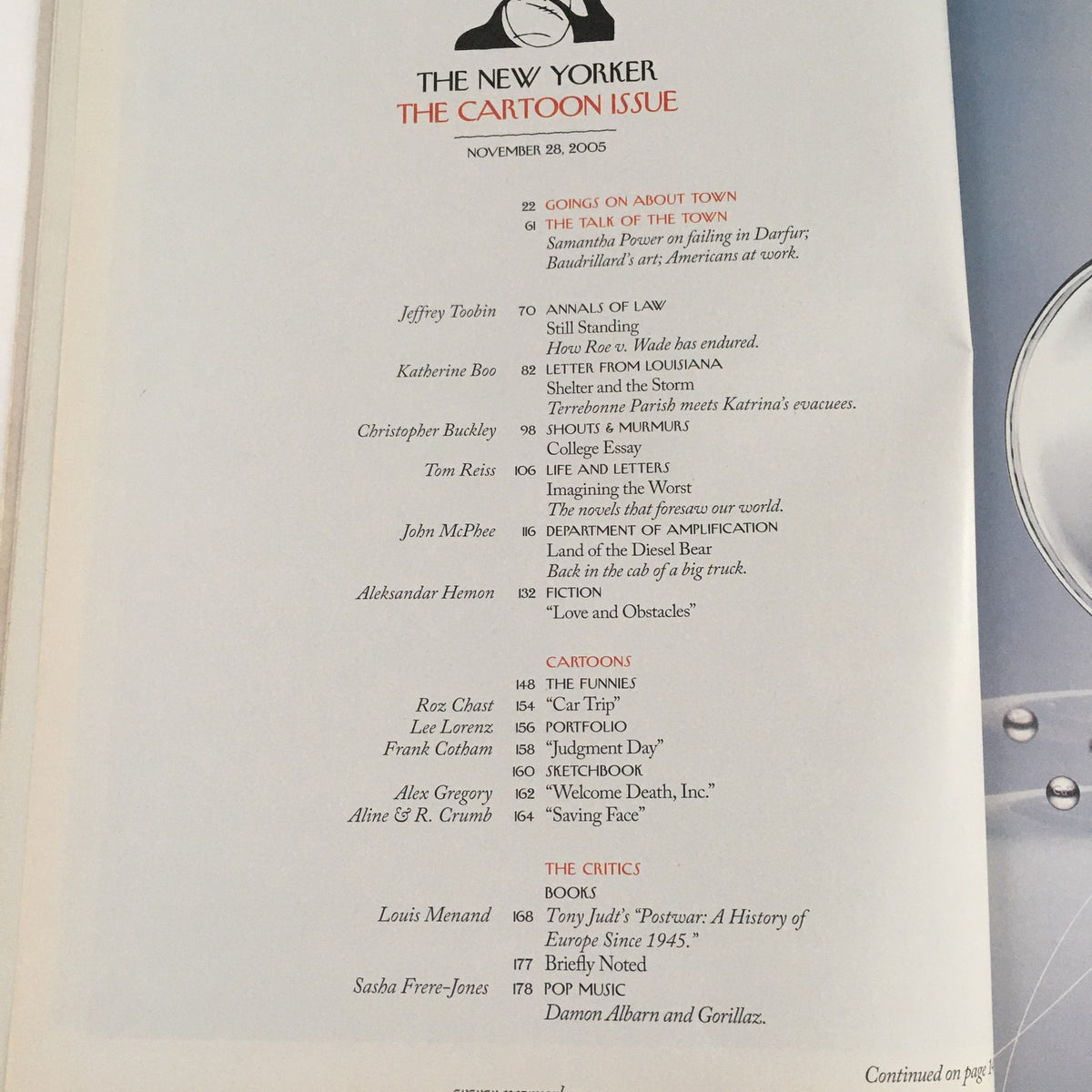 Inside page of The New Yorker Magazine, November 28, 2005, displaying the contents with a focus on cartoons and articles about American culture.