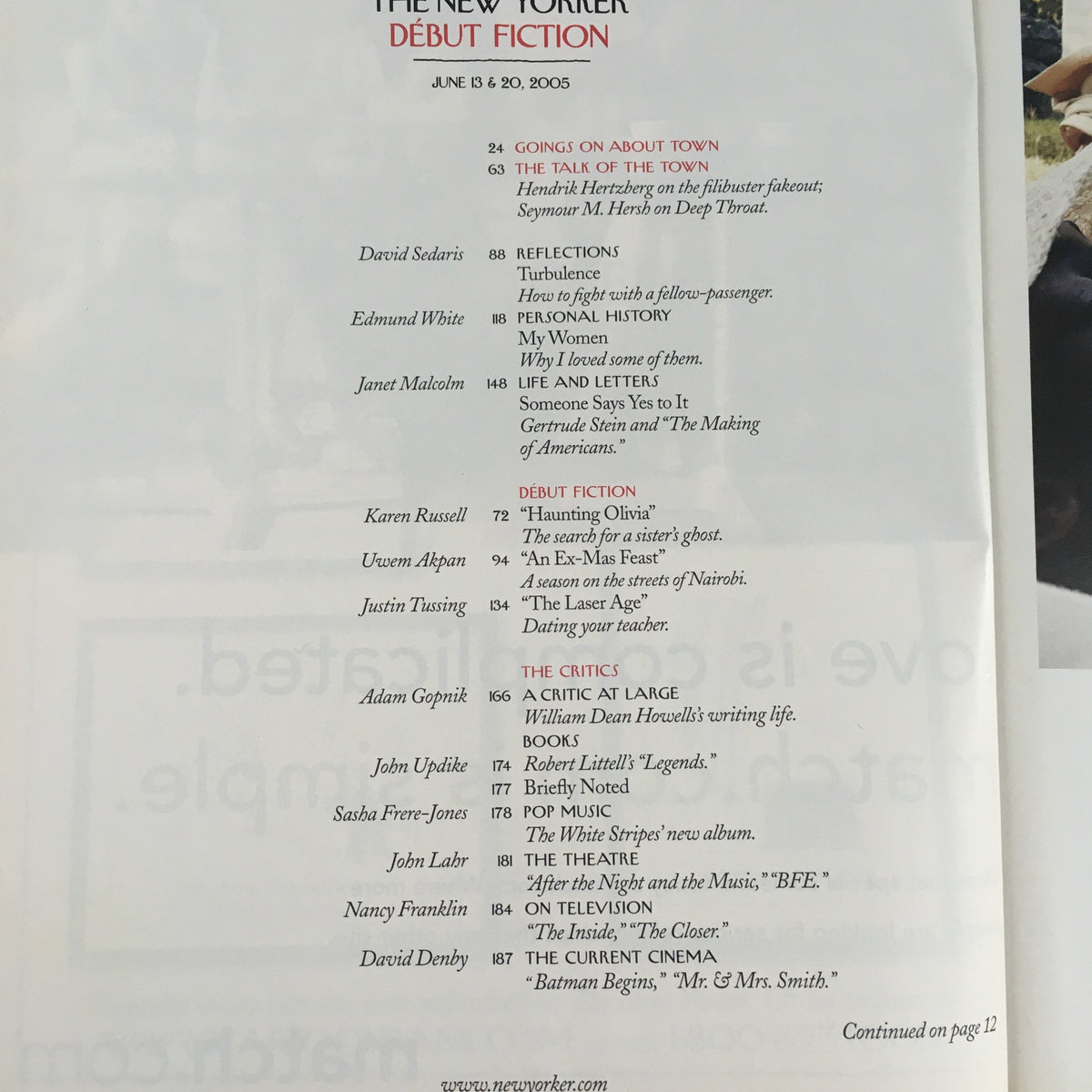 Interior page of The New Yorker June 13 2005, showcasing the table of contents with article titles and authors, highlighting its literary offerings.