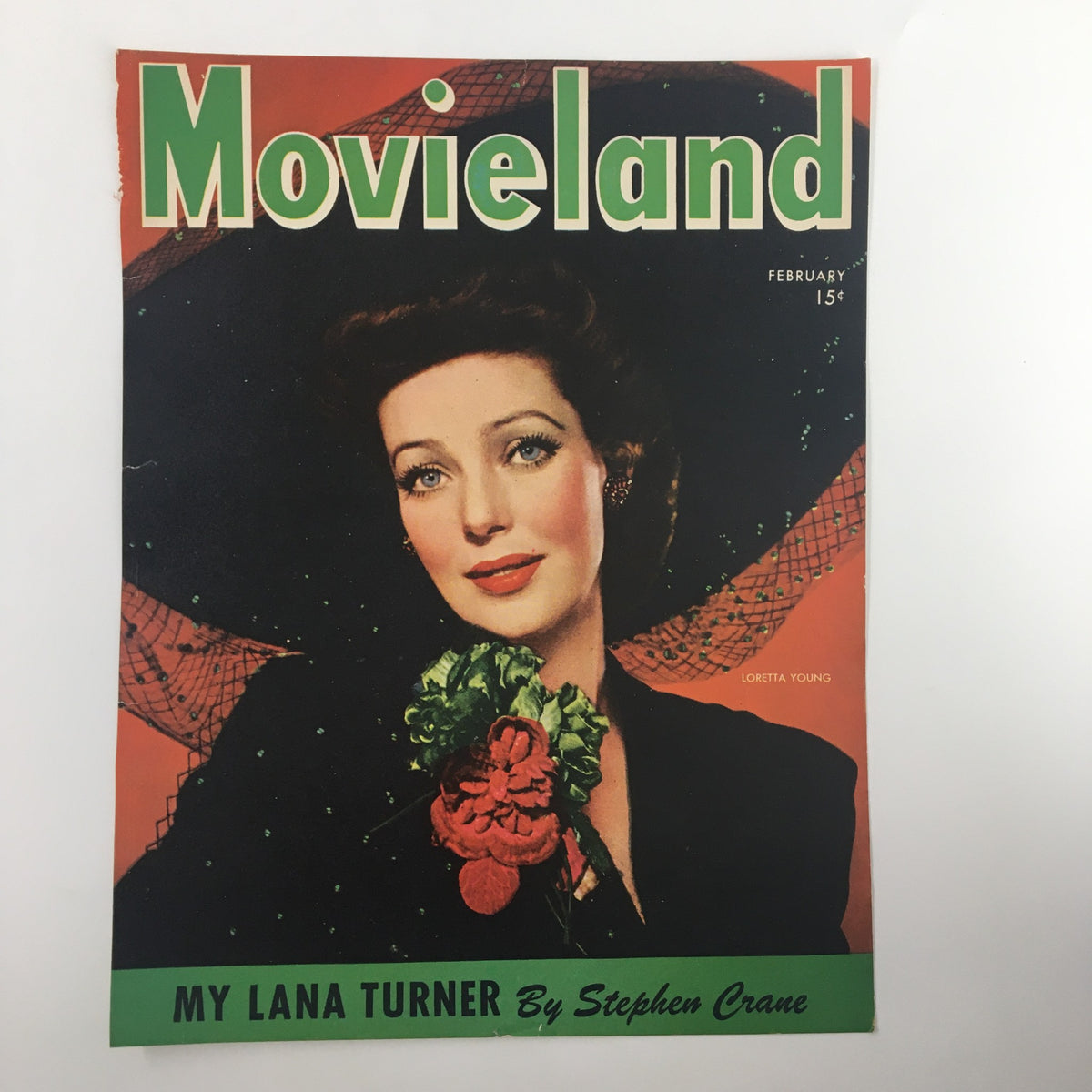 COVER ONLY Movieland Magazine February 1944 featuring Loretta Young, showcasing vintage Hollywood glamour with vibrant colors and an elegant design.