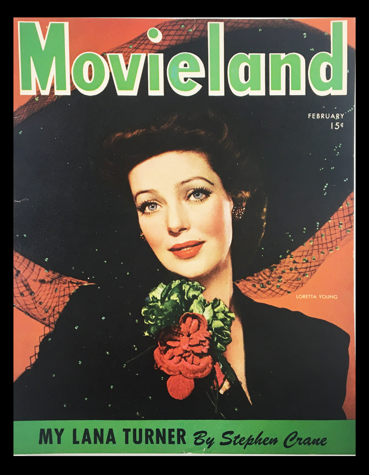 COVER ONLY Movieland Magazine February 1944 featuring Loretta Young, showcasing vintage Hollywood glamour with vibrant colors and classic design. Ideal for collectors and home decor.