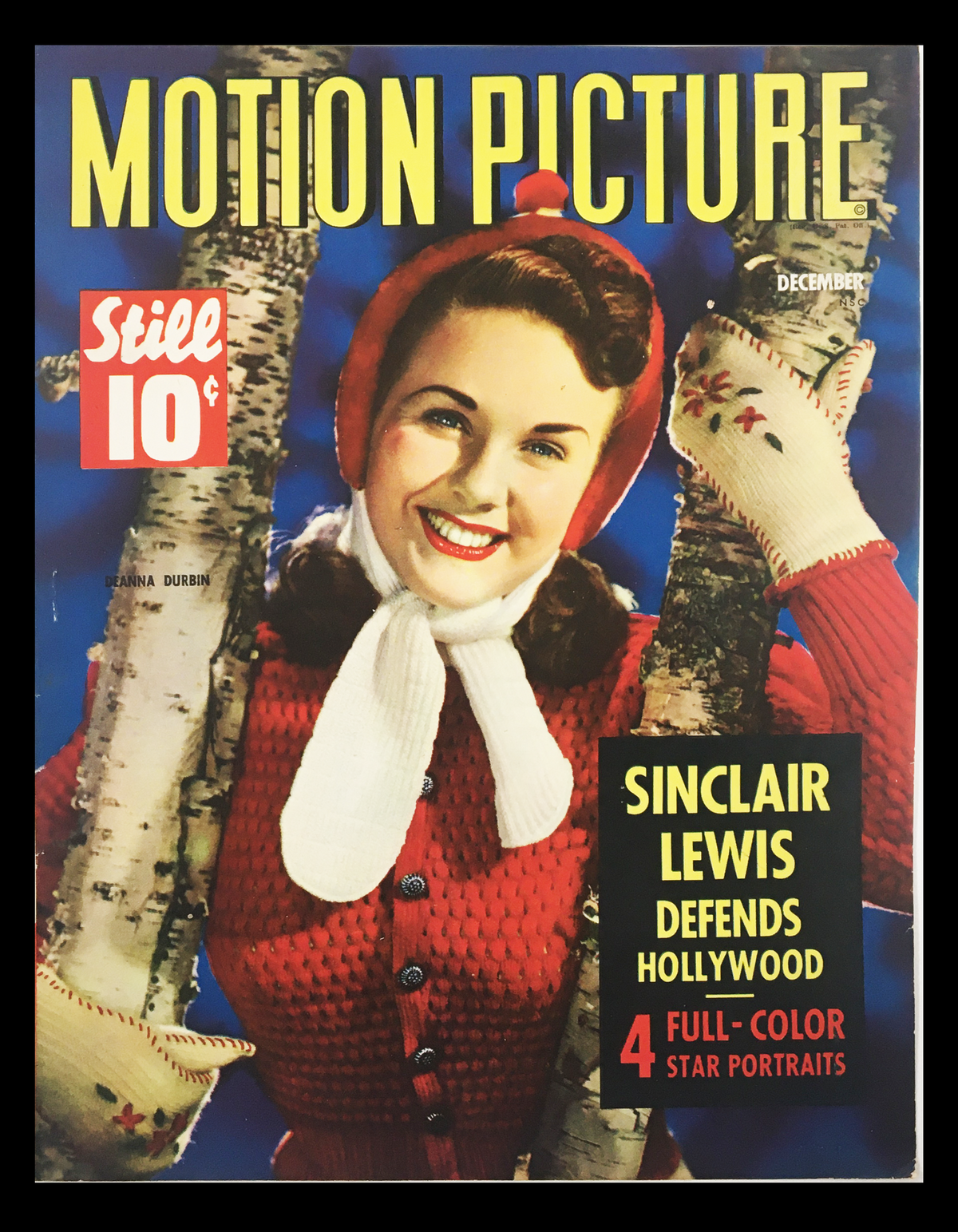Cover of Motion Picture Magazine December 1942 featuring Deanna Durbin, showcasing her in a cheerful red outfit, ideal for collectors of vintage cinema memorabilia.