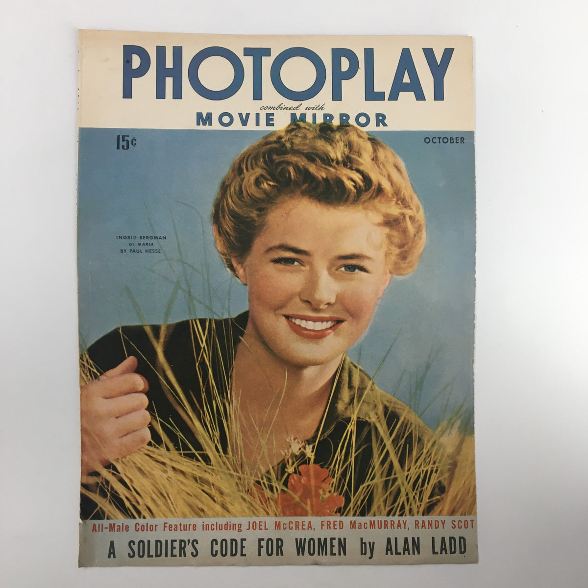 COVER ONLY Photoplay Movie-Mirror October 1943 featuring Ingrid Bergman, capturing a cheerful moment in a classic magazine layout, perfect for collectors and decor enthusiasts.