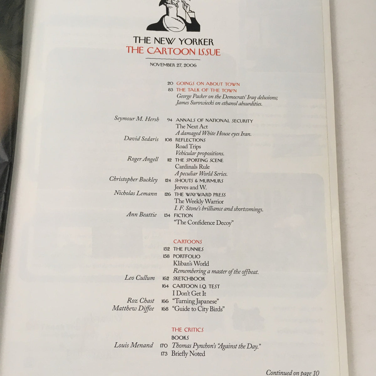 Table of contents from The New Yorker Full Magazine November 27, 2006, featuring articles and cartoons, including Seymour M. Hersh and Chris Ware's Ethanol Absurdities.