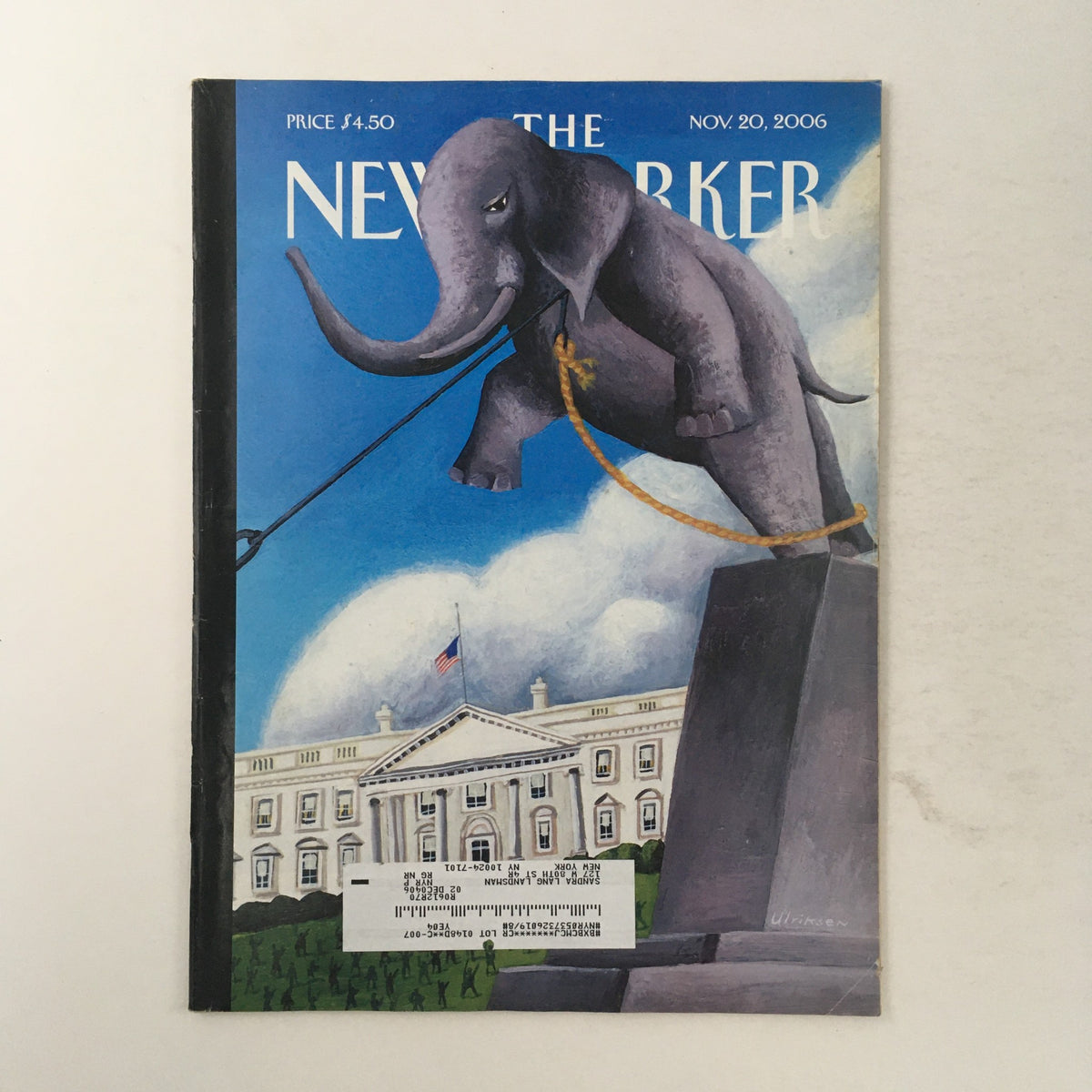 Cover of The New Yorker Magazine November 20, 2006 featuring cover art 'To the Elephant Graveyard' by Mark Ulriksen, showcasing an elephant statue with a backdrop of the White House.
