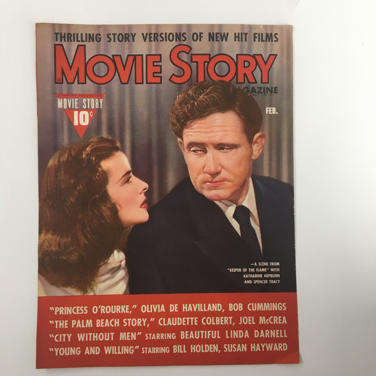 COVER ONLY Movie Story Magazine February 1943 featuring Katharine Hepburn and Spencer Tracy. The cover showcases classic Hollywood imagery and highlights movie titles such as 'Princess O'Rourke' and 'The Palm Beach Story.' Ideal for collectors.