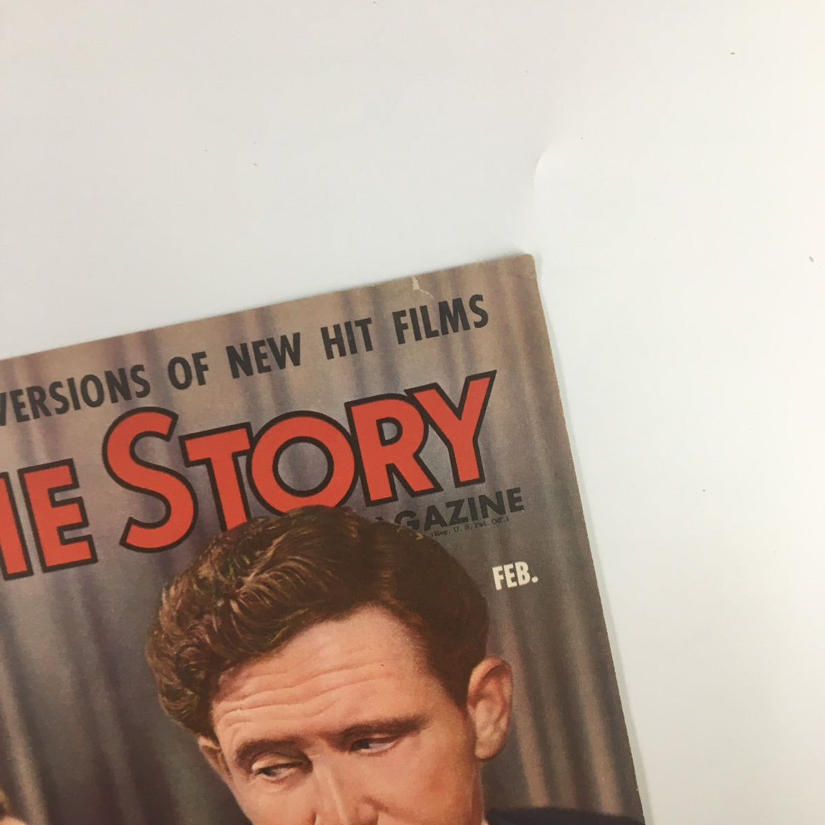 Close-up of the COVER ONLY Movie Story Magazine February 1943, focusing on the title 'Movie Story' and featuring vintage design elements. A wonderful representation of classic cinema history.