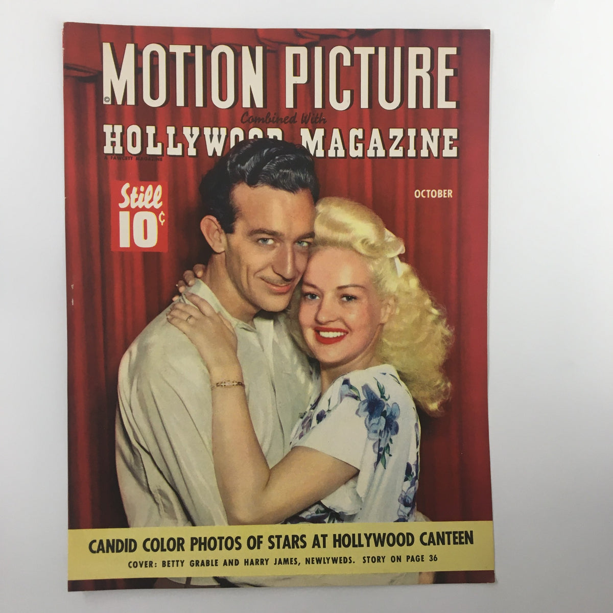 COVER ONLY Motion Picture Hollywood Magazine October 1943 with Betty Grable and Harry James, showcasing vintage film history and elegant design.