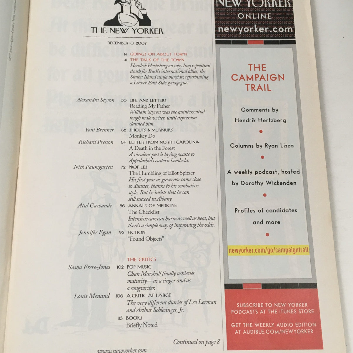 The New Yorker Magazine December 10 2007 table of contents featuring articles and illustrations, including commentary on the Campaign Trail, reflecting contemporary themes in journalism.