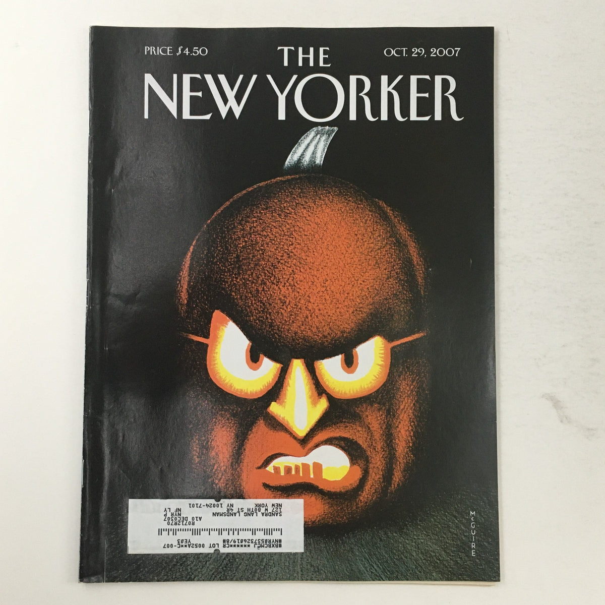 Cover of The New Yorker magazine from October 29, 2007, featuring a Halloween-themed illustration by Richard McGuire, depicting a pumpkin-like character with an intense expression.