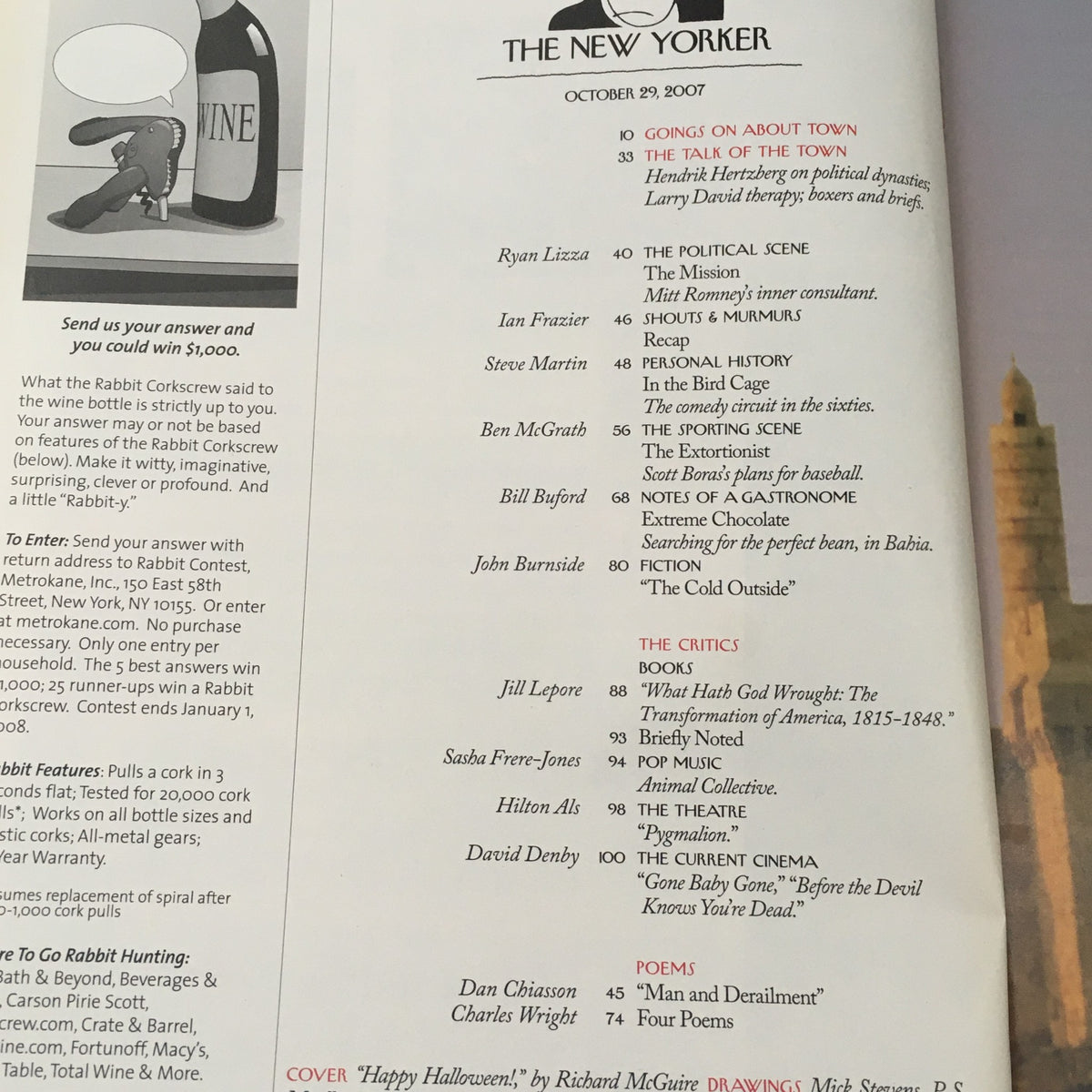 Interior page of The New Yorker magazine from October 29, 2007 featuring the title and article listings. Includes the headline 'THE NEW YORKER' and various article titles, reflecting the magazine's reputation for insightful content and rich cultural commentary. Captures the essence of the Halloween-themed issue with a layout that complements Richard McGuire's cover art.
