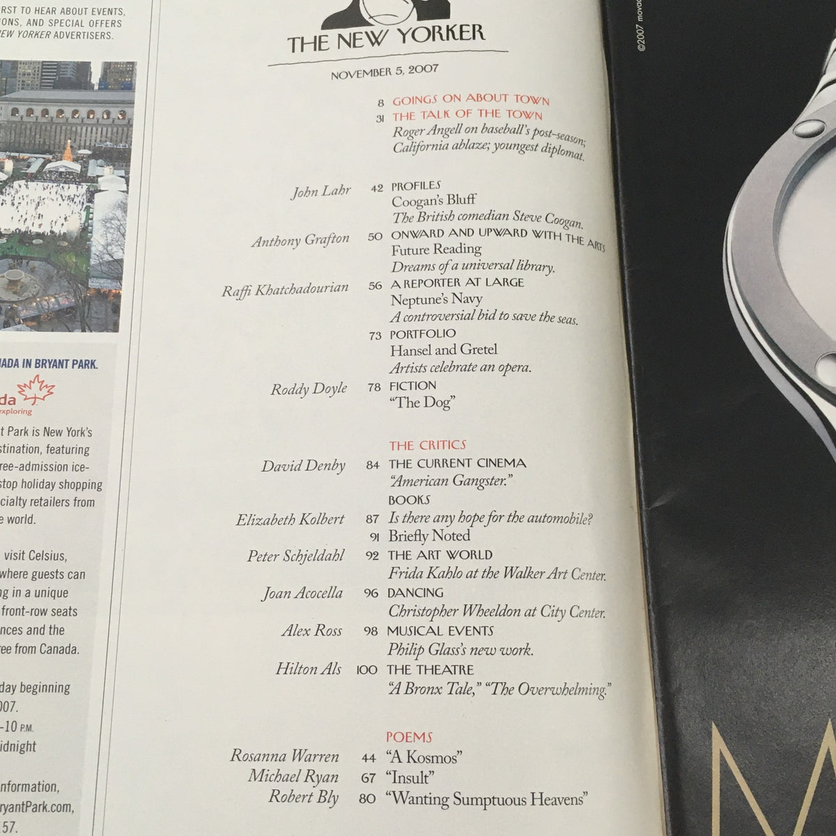 Interior page of The New Yorker Full Magazine November 5, 2007, showcasing the table of contents with articles including 'Goes on About Town' and 'The Critics'.