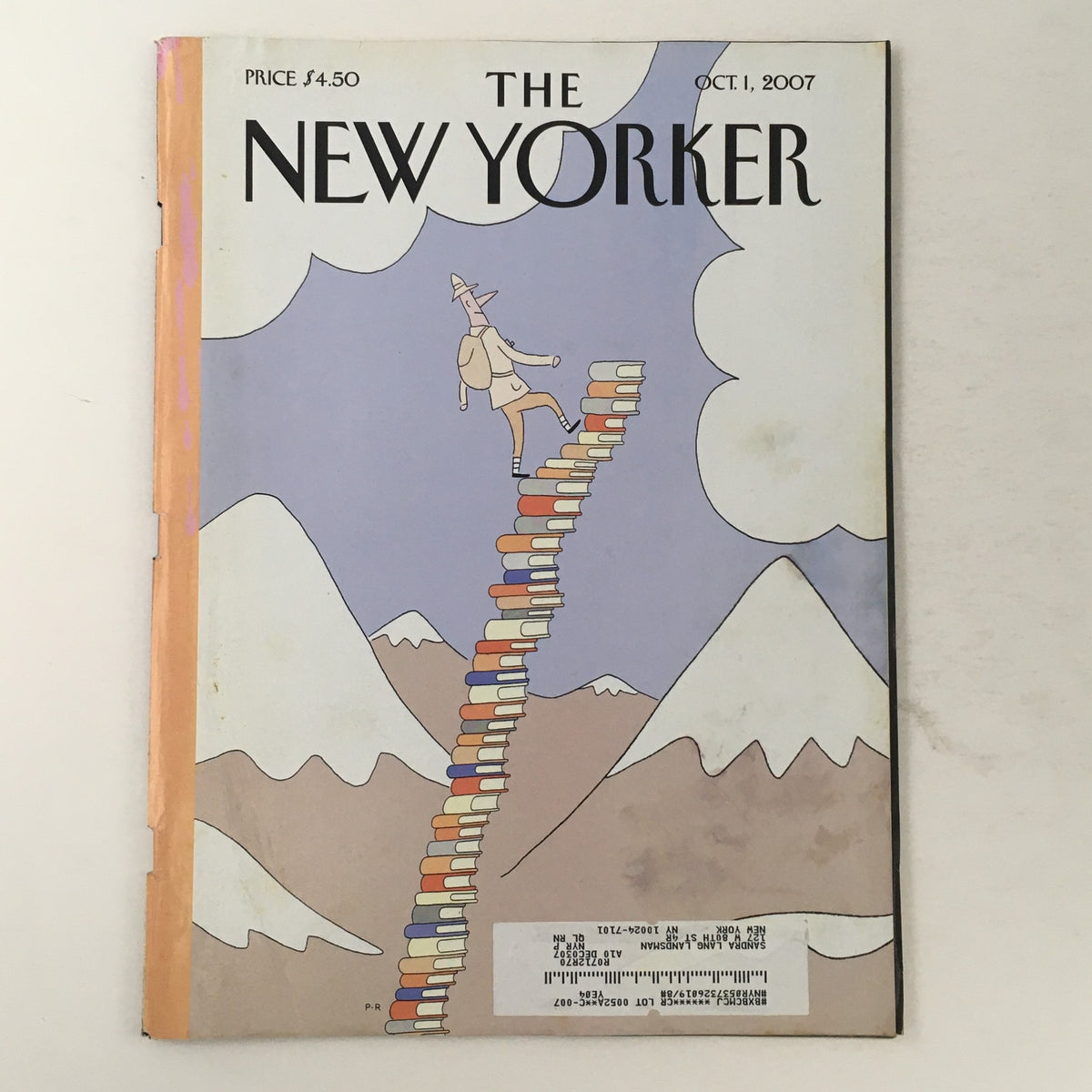 Cover of The New Yorker Magazine from October 1, 2007 featuring the title 'Stairway to the Stars' with illustration of a character walking on a tower of books.