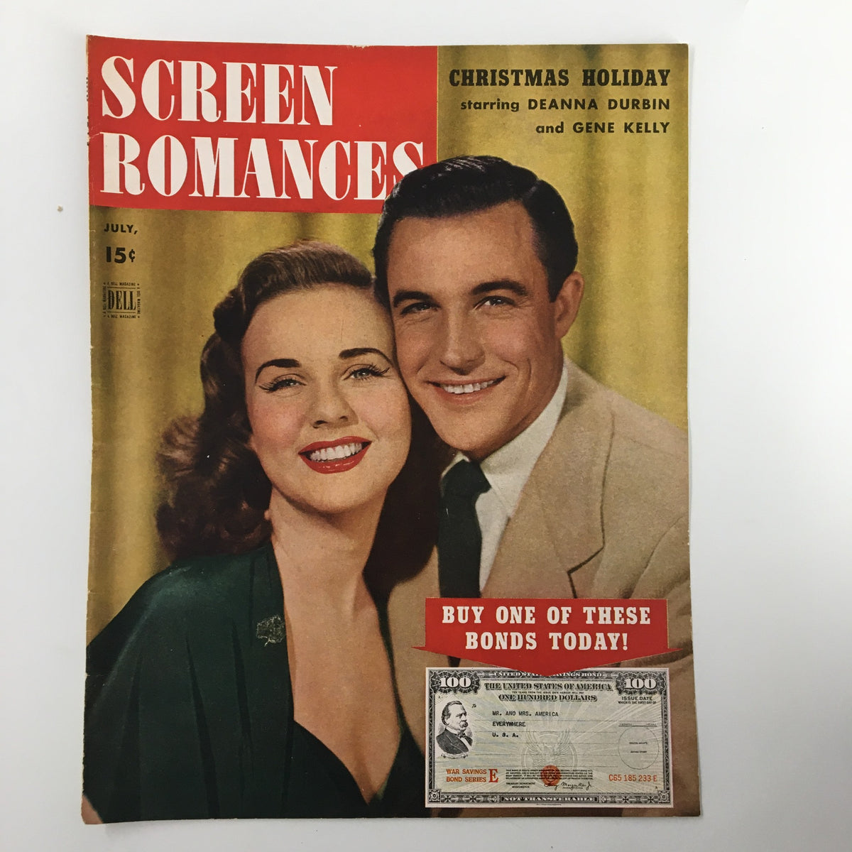 COVER ONLY Screen Romances Magazine July 1944 depicting Deanna Durbin and Gene Kelly, highlighting vintage Hollywood charm and a message to buy war bonds.