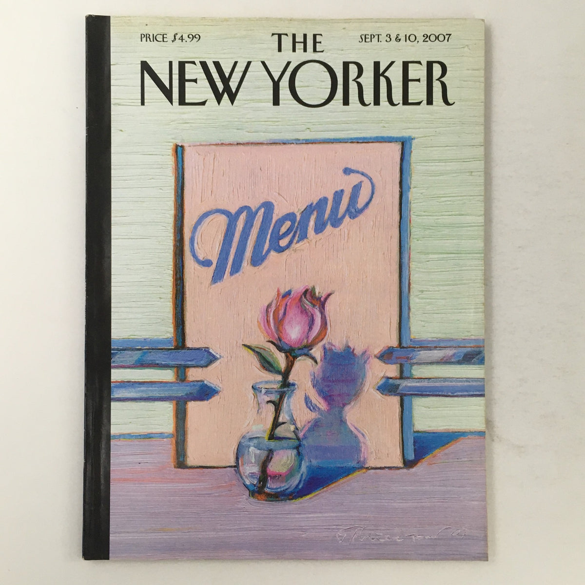 The New Yorker September 3 2007 Full Magazine Theme Cover by Wayne Thiebaud featuring a vibrant illustration of a menu with a pink rose, showcasing the artist's signature style.