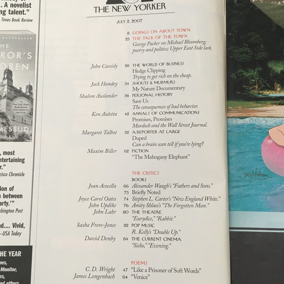 Table of contents from The New Yorker magazine issue dated July 2, 2007, indicating various articles and essays, including features on politics, culture, and literature.