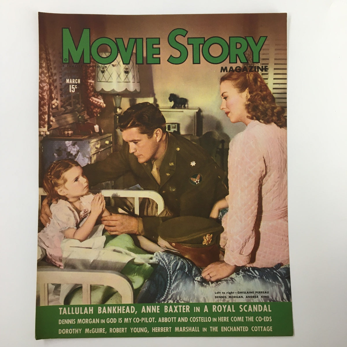 COVER ONLY Movie Story Magazine March 1945 featuring Dennis Morgan and Andrea King, showcasing a classic Hollywood scene with vibrant colors and vintage typography.