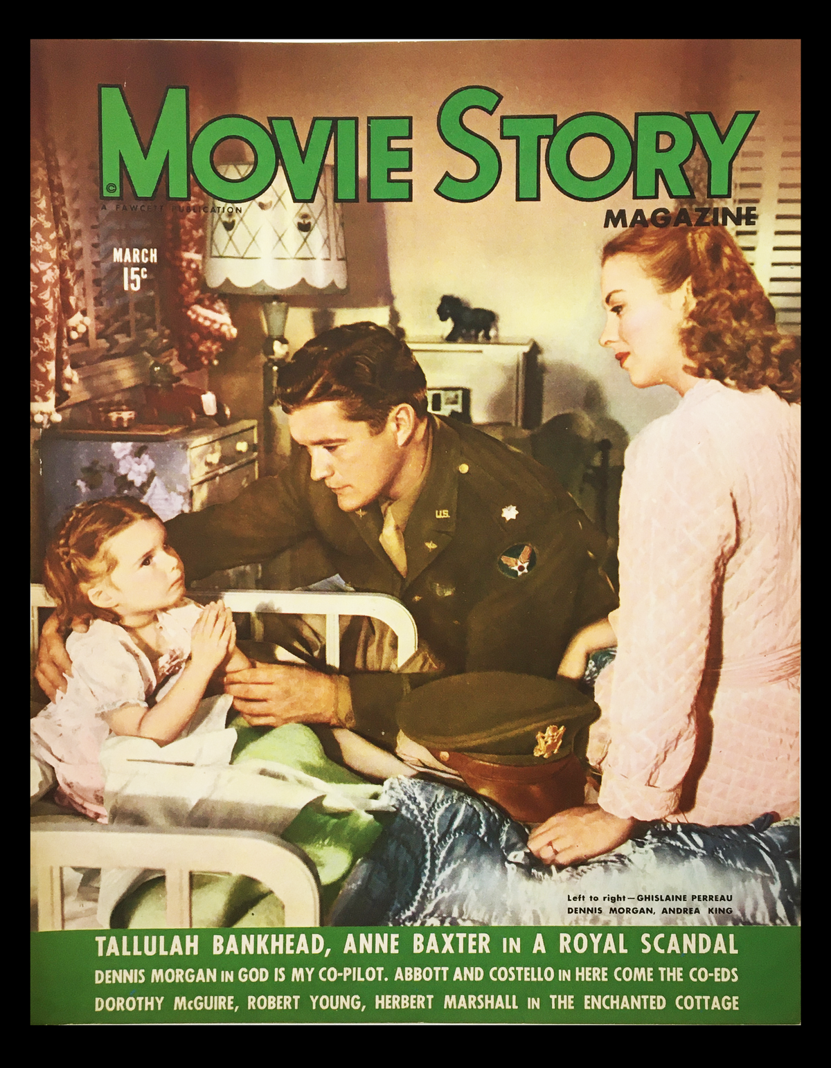 COVER ONLY Movie Story Magazine March 1945 featuring Dennis Morgan, Andrea King, and a young girl, showcasing a nostalgic Hollywood scene with a vintage design, perfect for collectors.