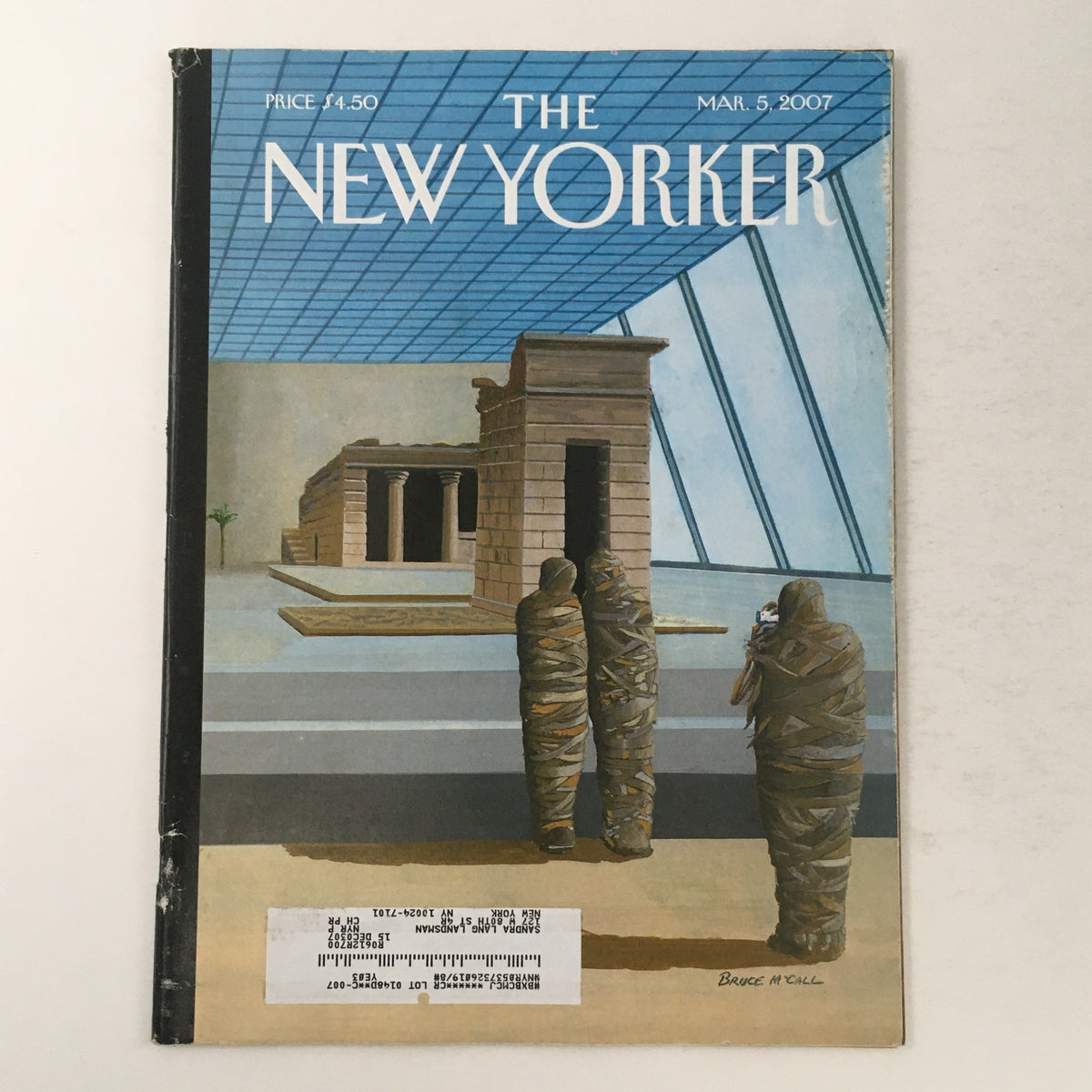 Cover of The New Yorker magazine from March 5, 2007, featuring the cartoon 'Say Cheese' by Bruce McCall. The cover showcases a modern architectural background with figures draped in fabric, highlighting the magazine's unique artistic style.