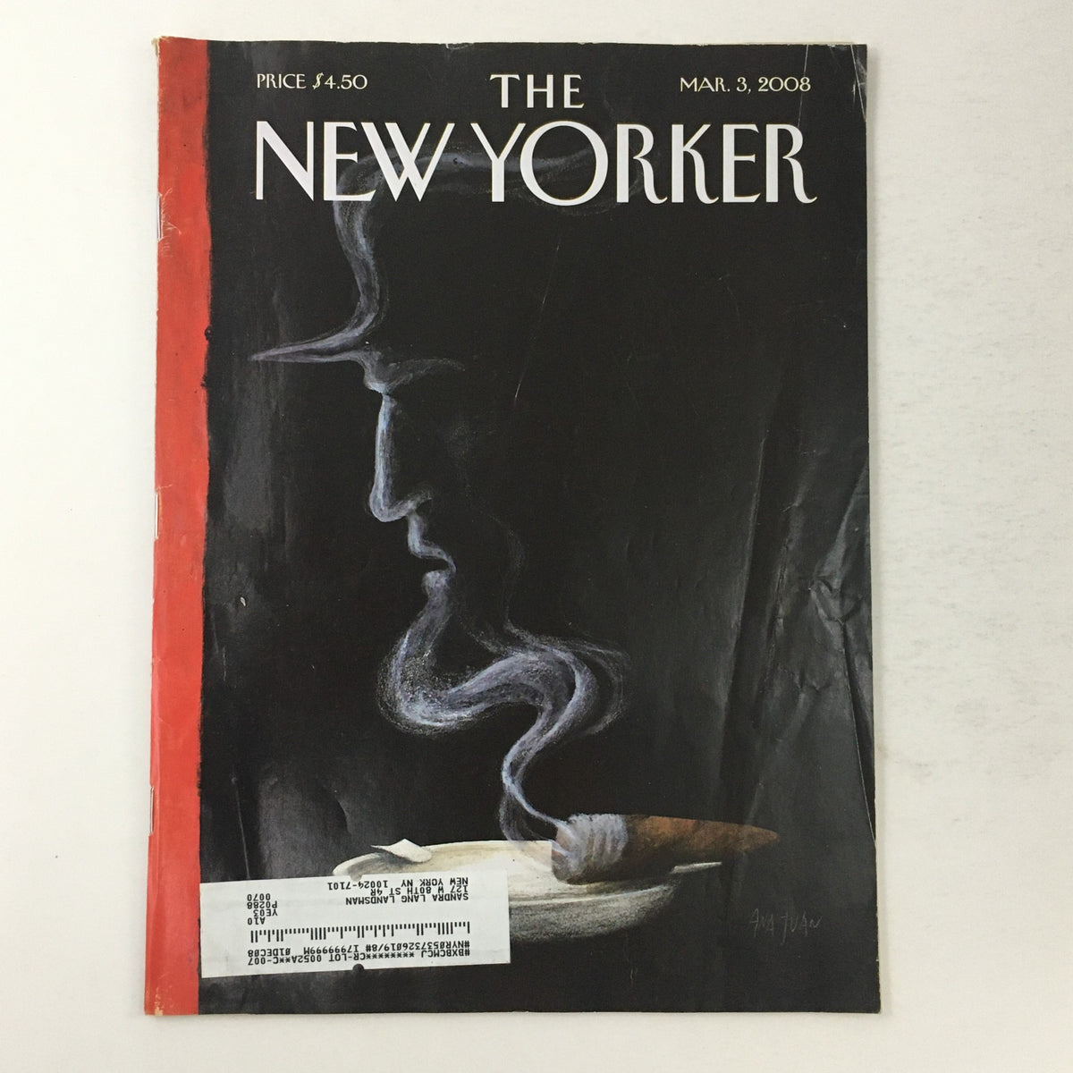 The New Yorker Full Magazine March 3 2008 featuring the cover illustration 'Fading' by Ana Juan, showcasing a unique artistic design with a dramatic profile and smoke elements.