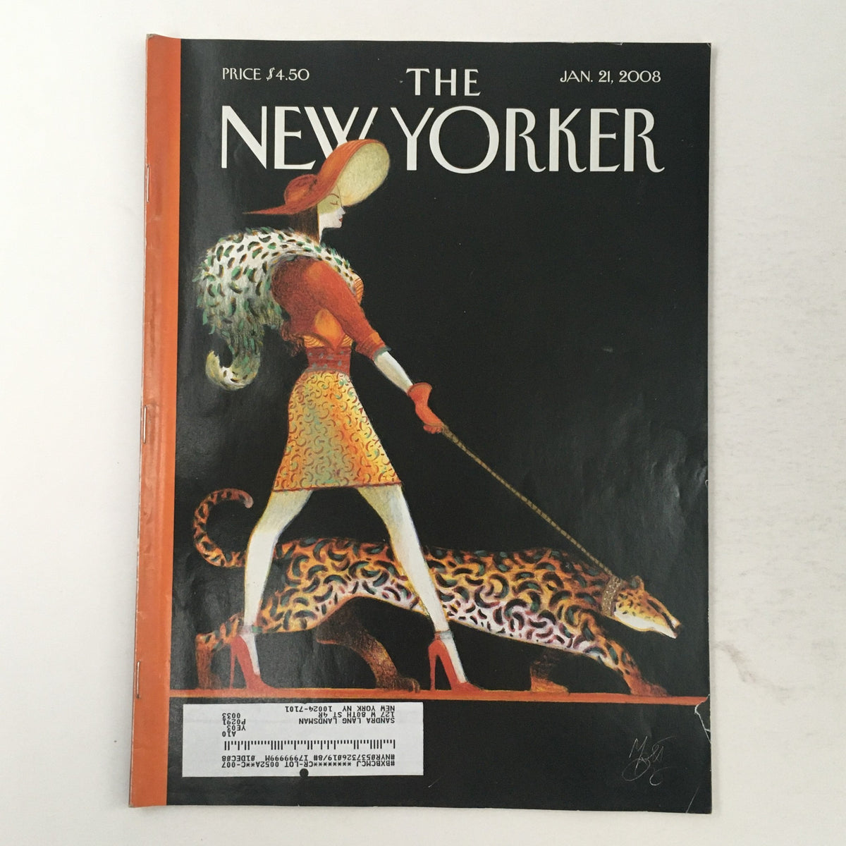 Cover of The New Yorker January 21, 2008, illustrated by Lorenzo Mattotti, featuring a fashionable woman walking a leopard.