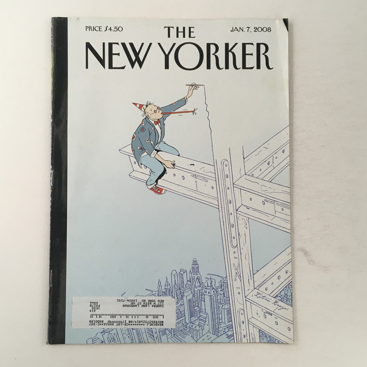 The New Yorker Full Magazine January 7 2008 cover featuring the artwork 'On The Edge' by Istvan Banyai, displaying a character climbing a structure against a light blue background, with the magazine title and date prominently displayed.
