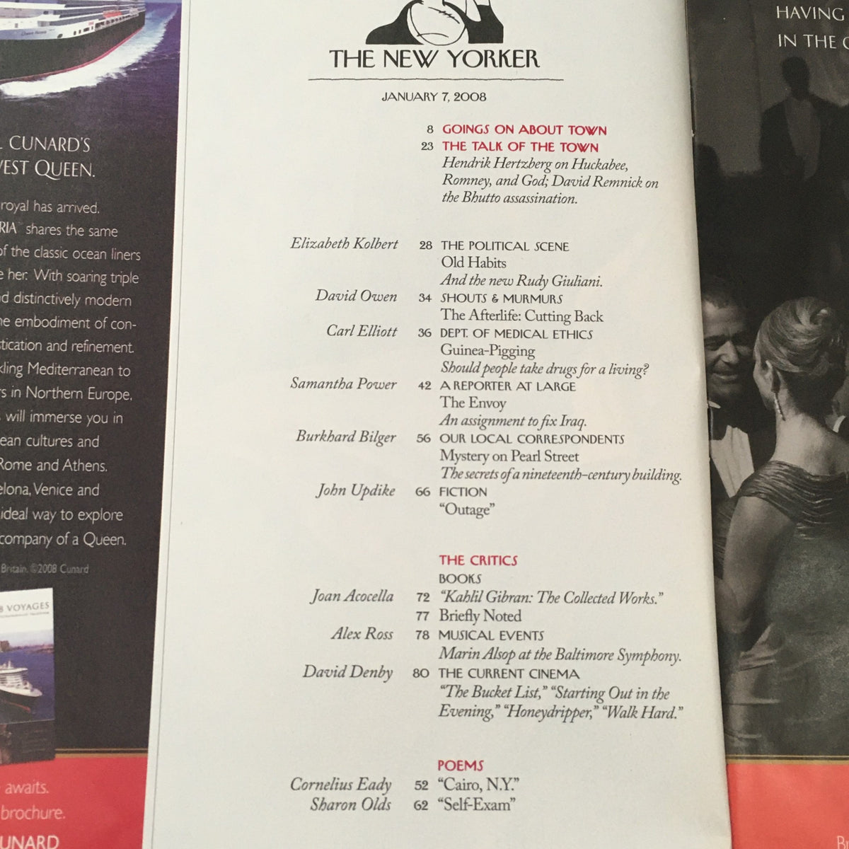 Table of contents from The New Yorker Full Magazine January 7 2008, listing articles and writers, including Elizabeth Kolbert and Joan Acocella, showcasing the magazine's engagement with contemporary topics and culture.