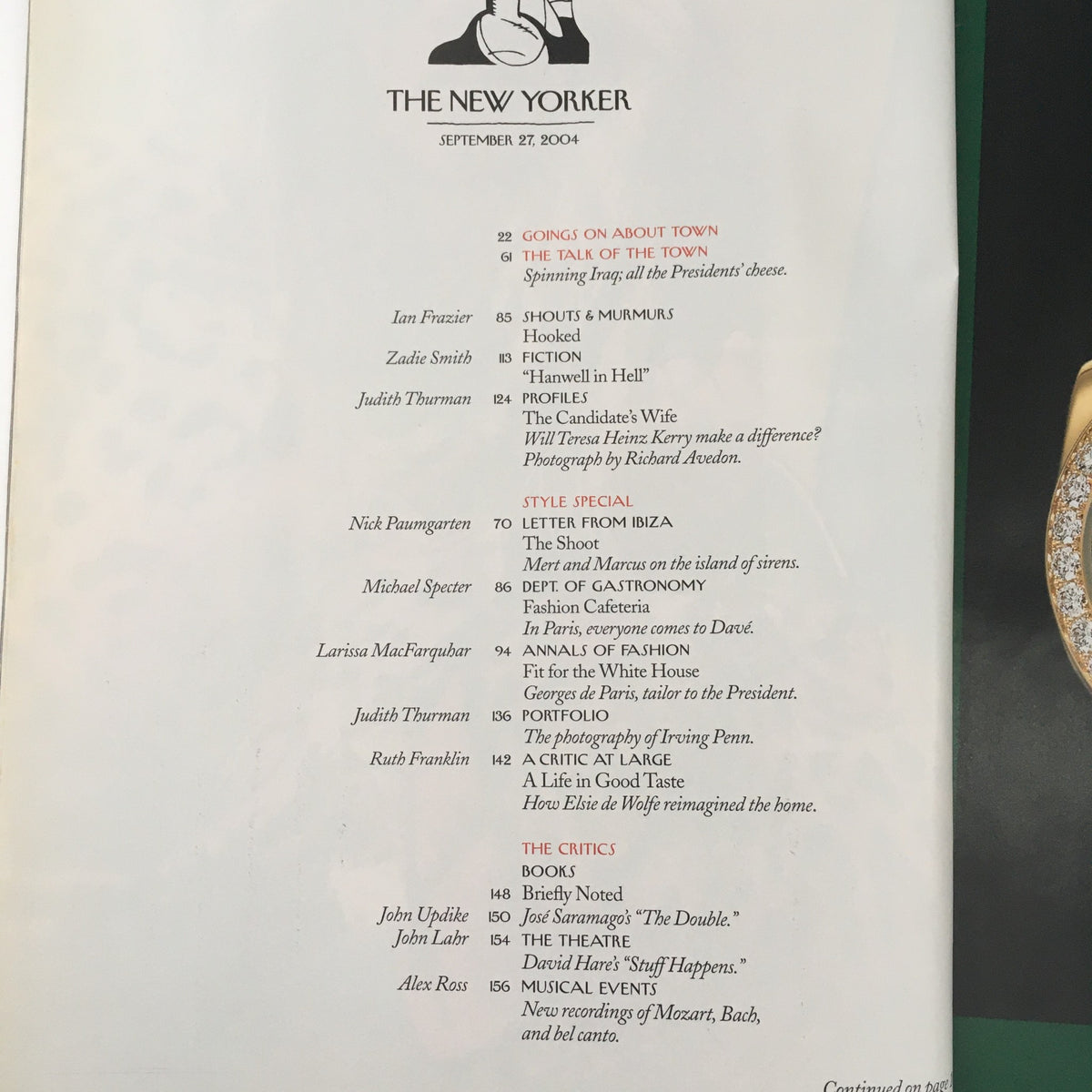 Interior page of The New Yorker magazine dated September 27, 2004, showcasing the table of contents with various article titles and contributors.