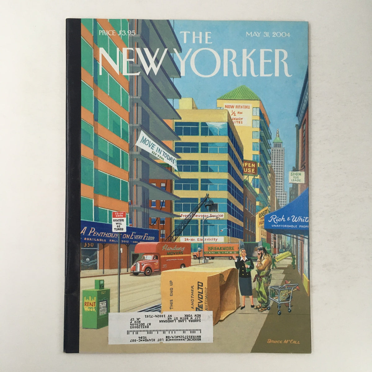 Cover of The New Yorker Full Magazine May 31, 2004 featuring artwork by Bruce McCall, showcasing vibrant city life in New York.