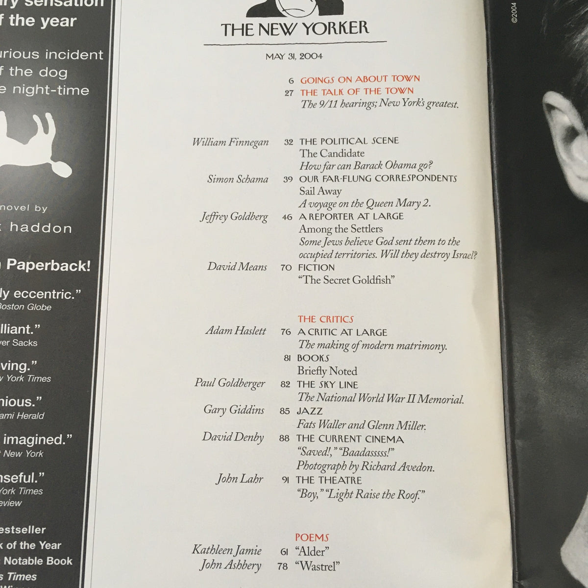 Interior page of The New Yorker Full Magazine May 31, 2004 displaying table of contents with a focus on articles, including The Talk of the Town and contributions from various writers.