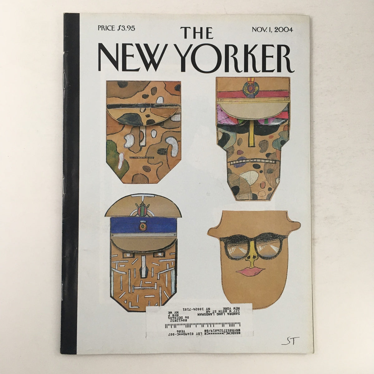 Cover of The New Yorker Magazine from November 1, 2004, featuring an illustration by Saul Steinberg depicting four abstract face-like figures, showcasing themes of identity and political commentary.