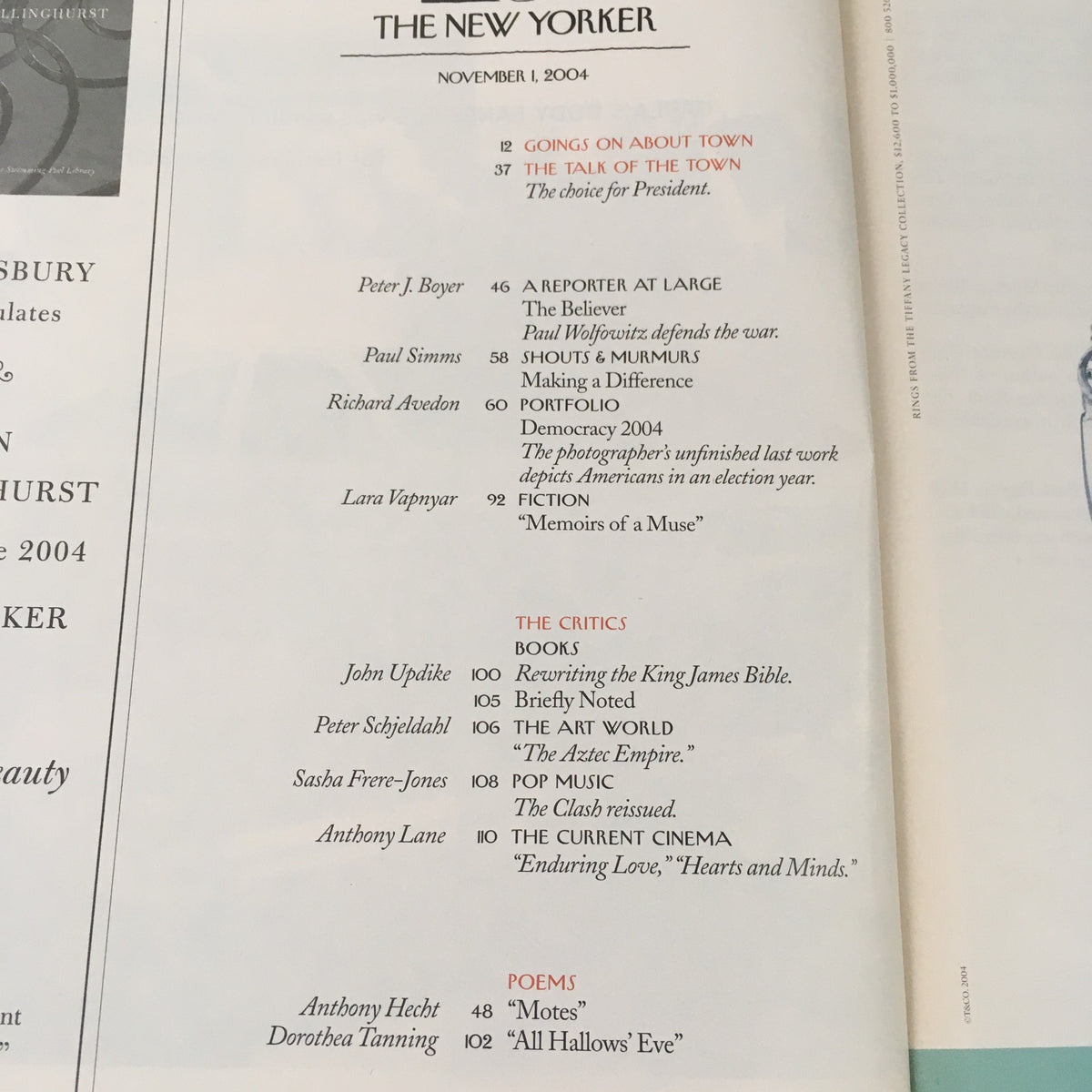 Inside page of The New Yorker Magazine from November 1, 2004, featuring an index of articles and contributors, including Peter J. Boyer, Paul Simms, and Richard Awdry.