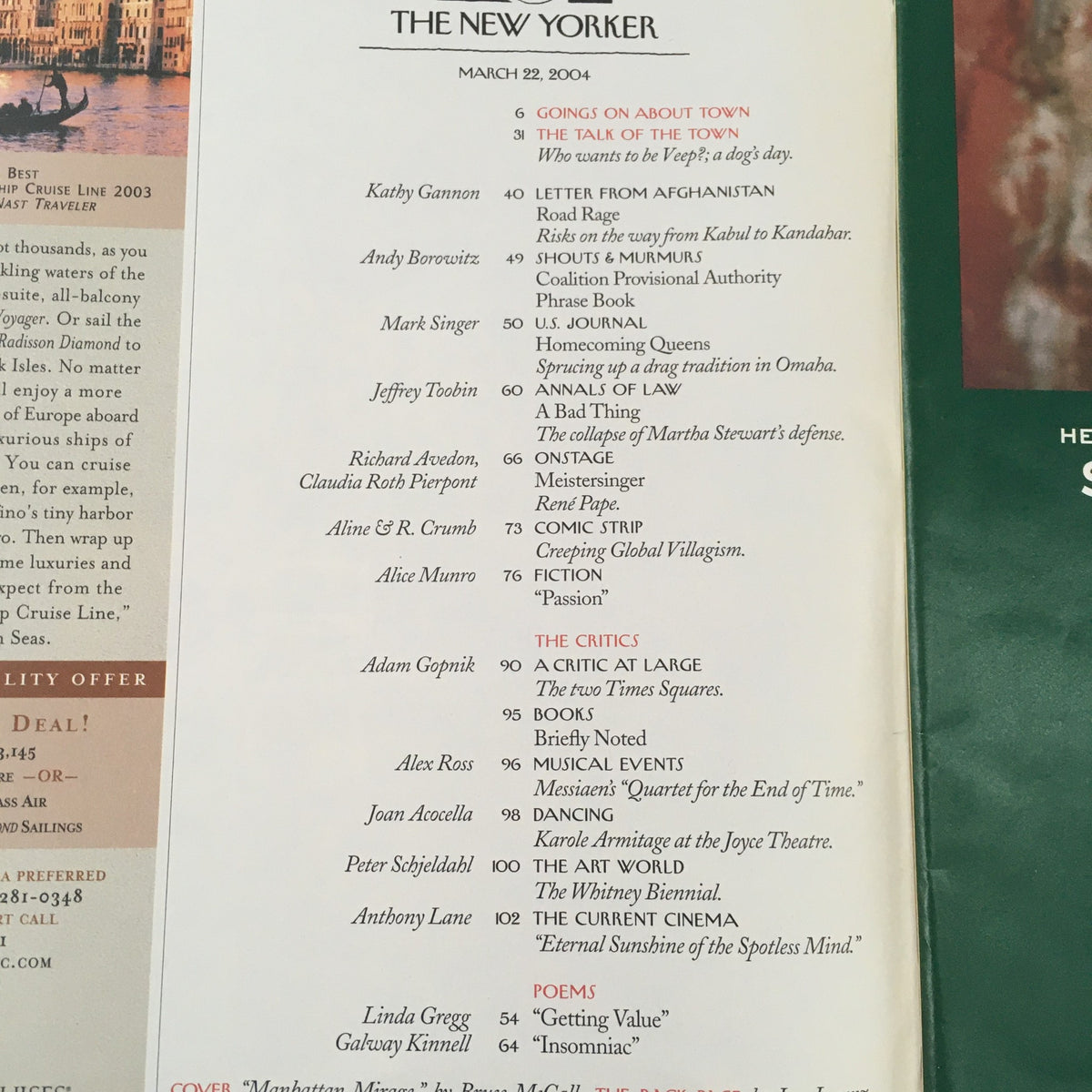 Page from The New Yorker Full Magazine March 22 2004 featuring articles and illustrations including contributions from various authors.