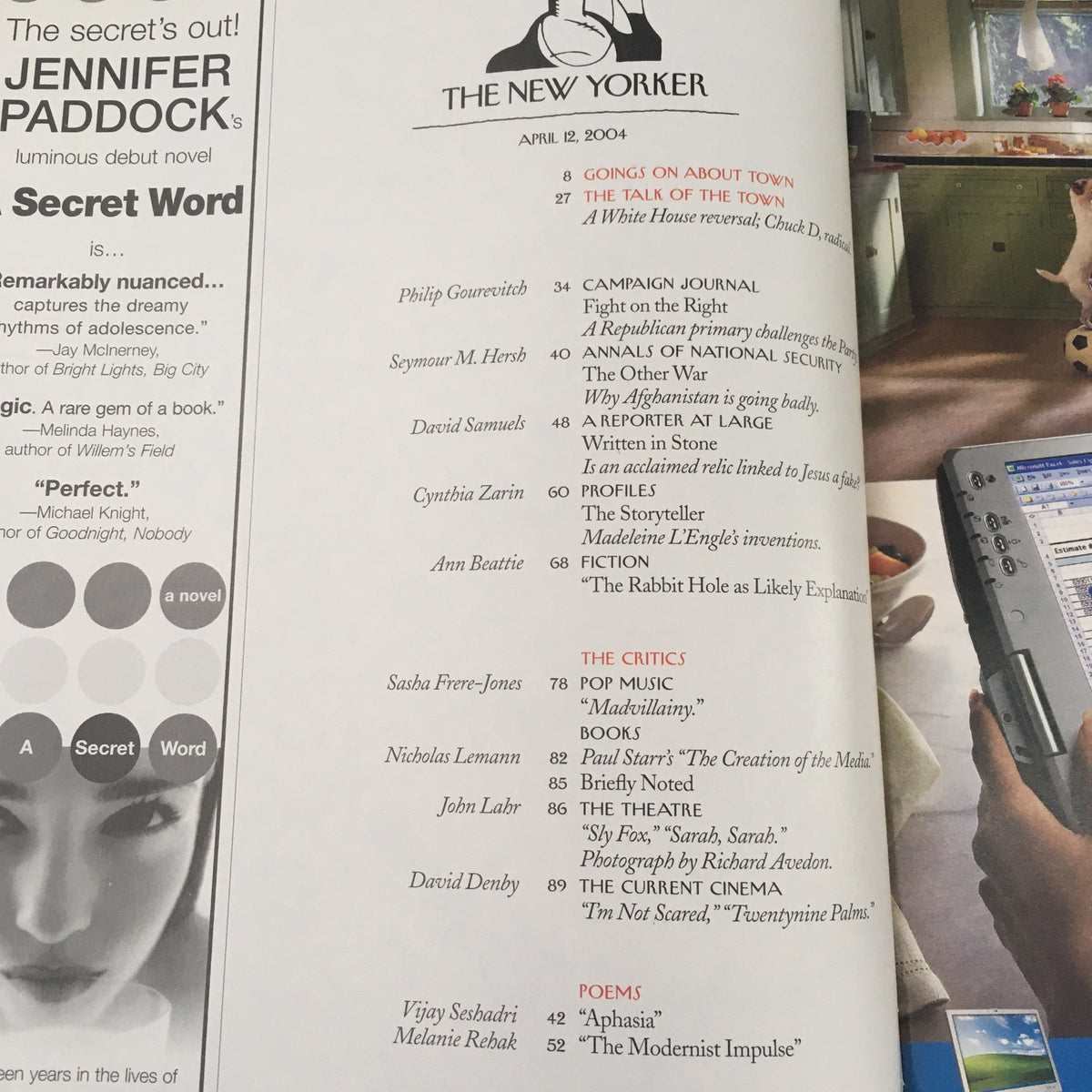 The New Yorker Full Magazine April 12 2004, featuring a list of articles and contributors such as Susan M. Pritchard and Cynthia Zarin, highlighting the magazine's cultural commentary.
