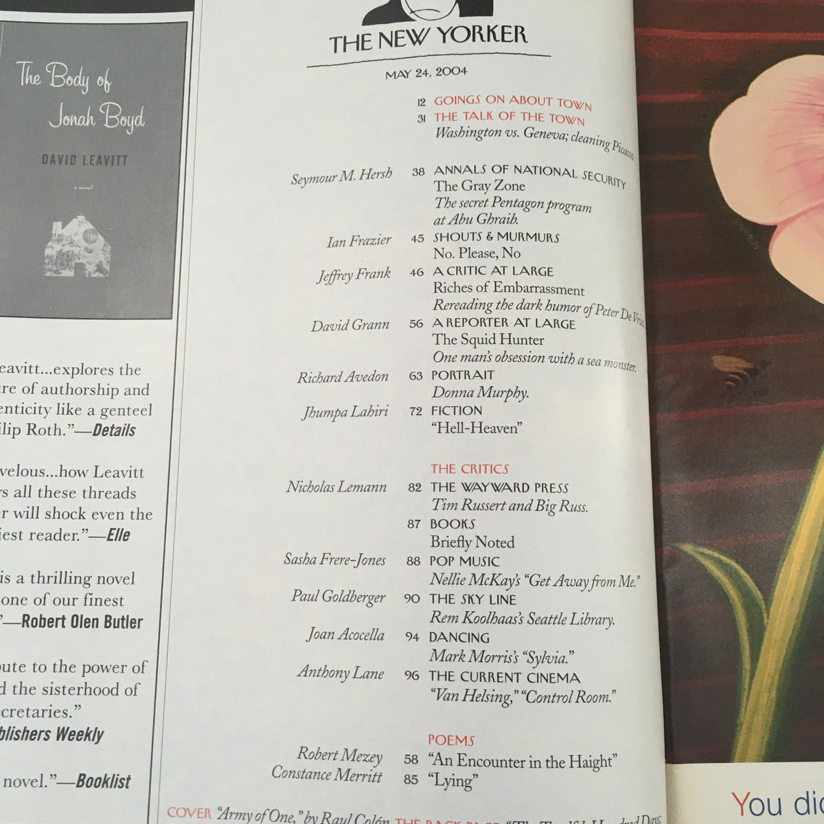 Table of contents from The New Yorker magazine issue dated May 24, 2004, featuring the article titles and authors, highlighting the magazine's intellectual depth and variety. This issue includes the cover art titled 'Army of One' by Raul Colón.