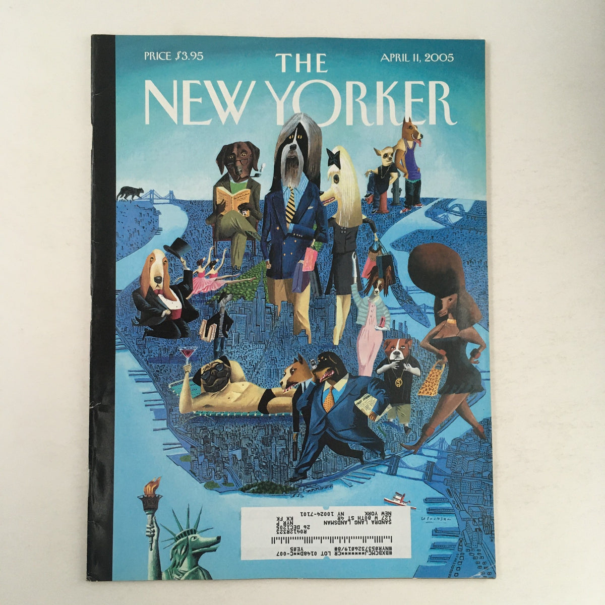 Cover of The New Yorker Full Magazine April 11 2005, featuring Mark Ulriksen's City of Dogs artwork, depicting various dogs in an urban landscape.
