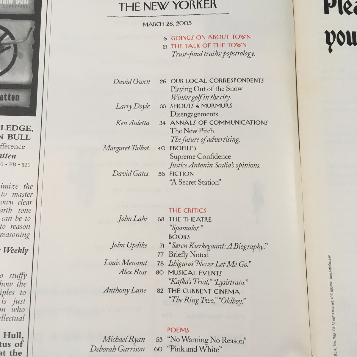 Table of contents page from The New Yorker magazine, March 28, 2005, listing articles including commentary by David Owen and book reviews, showcasing the magazine's diverse editorial content.