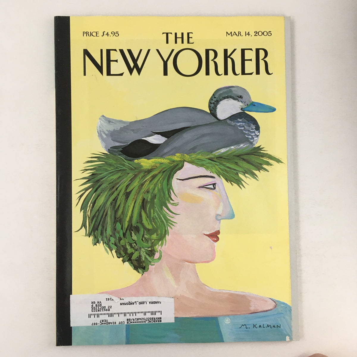 The New Yorker Full Magazine cover from March 14, 2005, featuring a creative illustration by Maira Kalman, depicting a woman with green hair and a duck on her head.