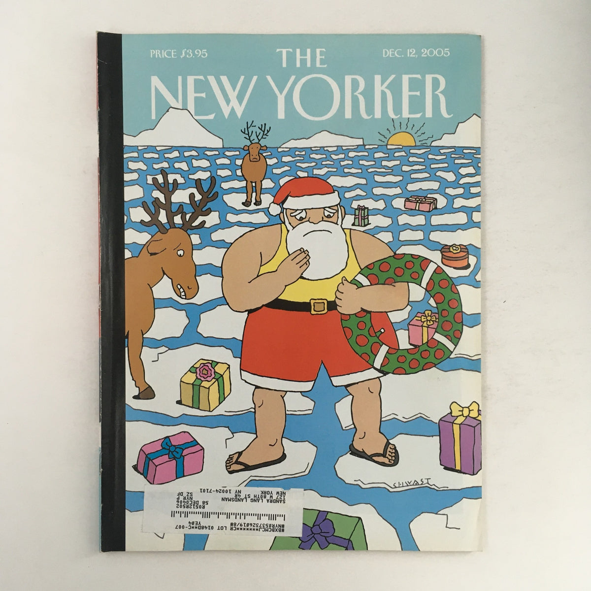 Cover of The New Yorker Magazine December 12, 2005 featuring 'Santa on Vacay' by Seymour Chwast, depicting Santa Claus on an icy landscape surrounded by reindeer, gifts, and holiday decorations.