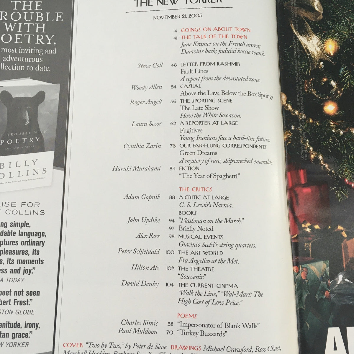 Interior page of The New Yorker Full Magazine November 21 2005 displaying the 'On the Town' section, highlighting contributors and article titles.