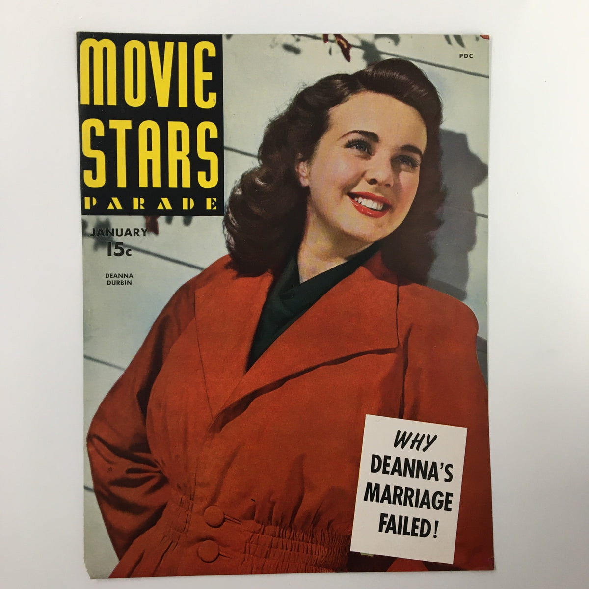COVER ONLY from Movie Stars Parade Magazine January 1944 highlighting Deanna Durbin smiling in an orange coat with the text 'WHY DEANNA'S MARRIAGE FAILED!'. A collectible piece of Hollywood history.